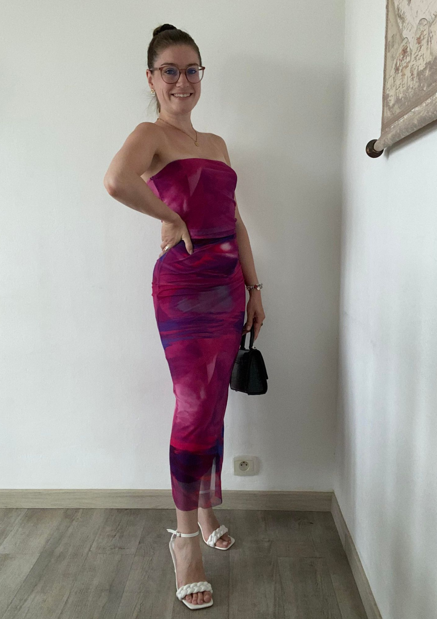 Robe longue moulante en tulle fuchsia